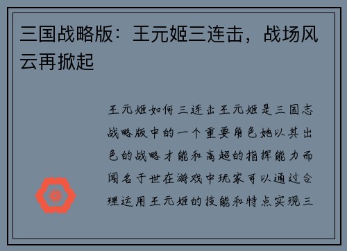 三国战略版：王元姬三连击，战场风云再掀起